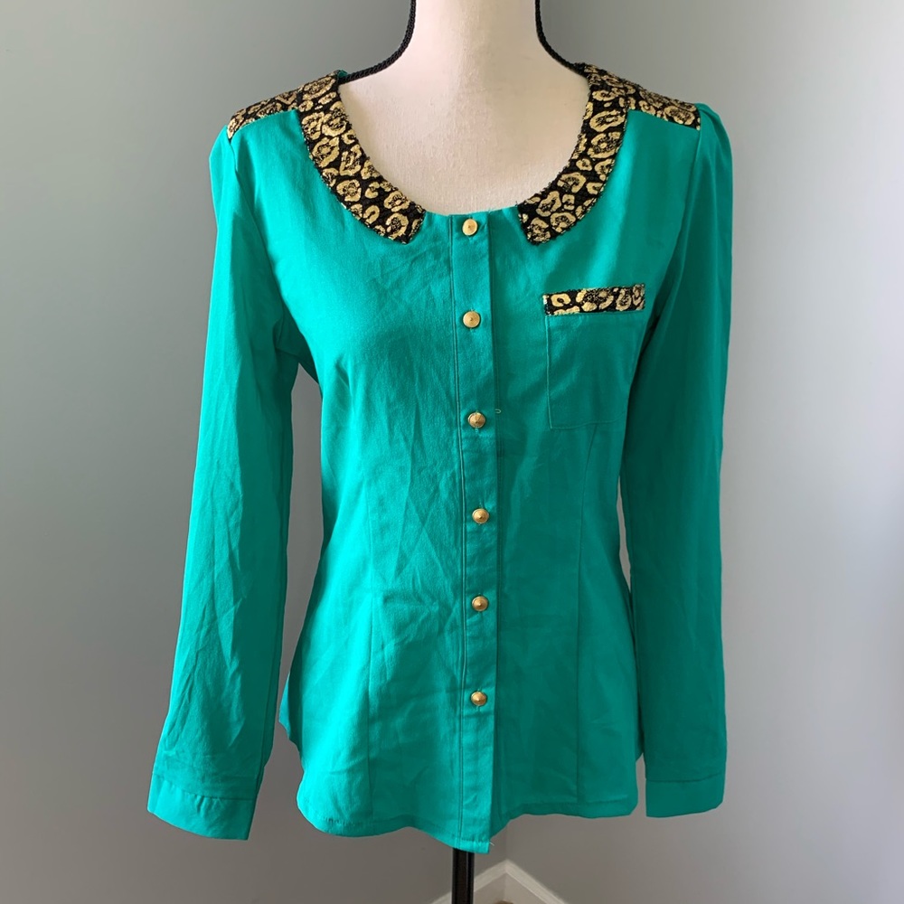 Sequined button down green shirt